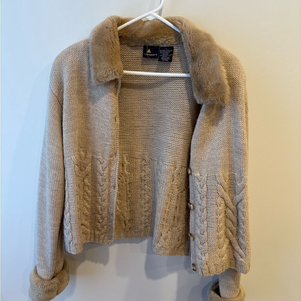 Lands' End Women's Beige Faux-Fur Trim Cable Knit Cardigan